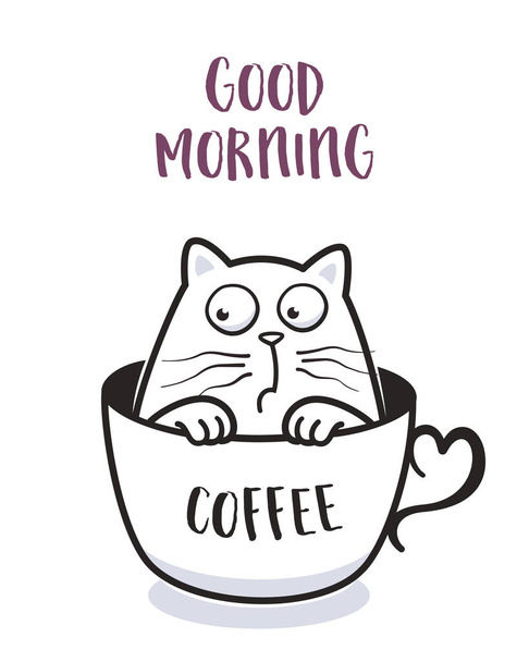 Gato engraçado em uma xícara de café para cartão de saudação design t-shirt impressão ou cartaz
 - Vetor, Imagem