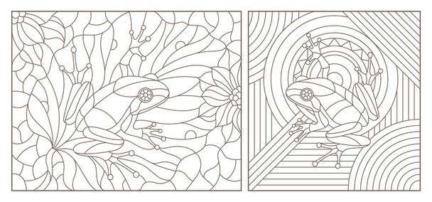 Conjunto de ilustraciones de contorno de vidrieras con ranas, contornos oscuros sobre fondo blanco
 - Vector, imagen
