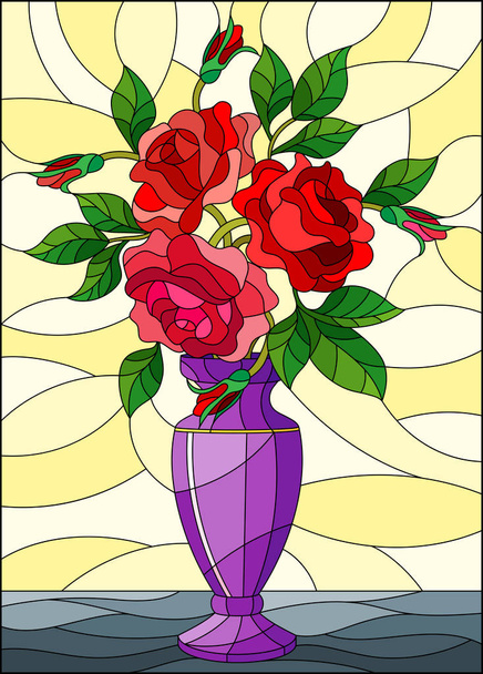 Иллюстрация в витражном стиле с цветочным натюрмортом, красочный букет красных роз в фиолетовой вазе на желтом фоне
 - Вектор,изображение