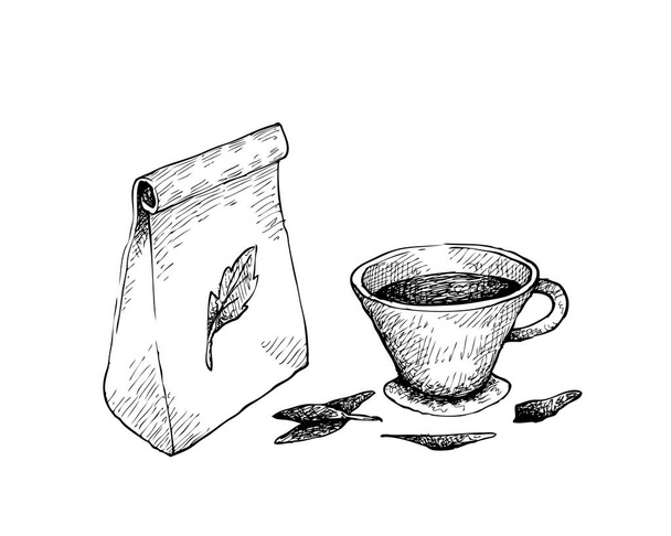 Obrázek ruky nakreslené náčrt sáček čaje a pohár. Čaj je nápoj, který je vysoce výživné a osvěžující. - Vektor, obrázek