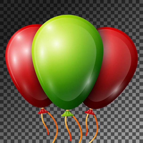 Realistic Green and Red Balloons with ribbons isolated on transparent background. Vector illustration of shiny colorful glossy balloons for Birthday party - Vector, Image