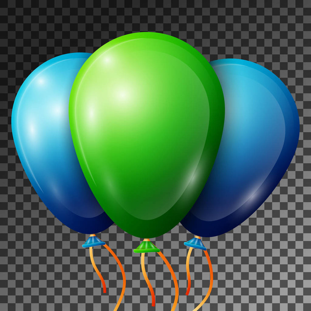 Realistic Green and Blue Balloons with ribbons isolated on transparent background. Vector illustration of shiny colorful glossy balloons for Birthday party - Vector, Image