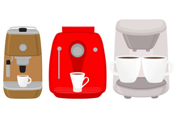 Illustratie op thema grote gekleurde instellen verschillende typen koffiezetapparaten machine, verschillende grootte. Koffiemachine patroon bestaande uit collectie accessoire naar maker. Maker, koffie machine voor verse koffie. - Vector, afbeelding