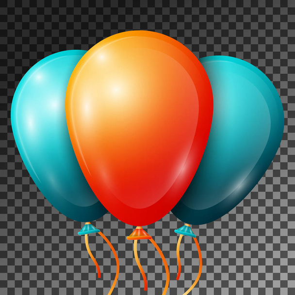 realistische orangefarbene und türkisfarbene Luftballons mit Bändern auf transparentem Hintergrund. Vektor-Illustration von glänzenden bunten Hochglanzballons für Geburtstagsparty - Vektor, Bild