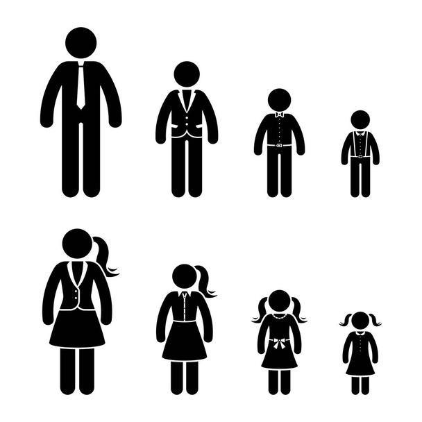 Stick figure growing person icon set. Man and woman in different age pictogram - Vettoriali, immagini