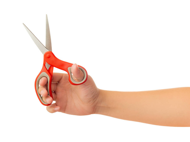 Human hand holding scissors gesture isolate on white background with clipping path, High resolution and low contrast for retouch or graphic design - Foto, Imagem