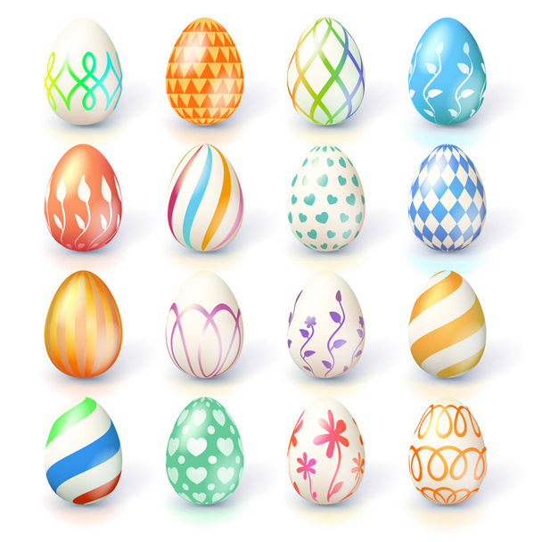 Set of Easter eggs isolated on white background. Hand made collection of Easter eggs with different textures and paintings. Realistic icons for spring, seasonal holidays. - Вектор, зображення