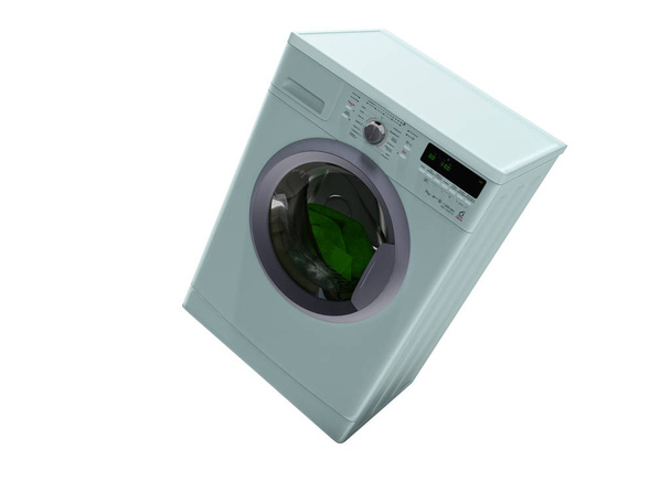 Blauwe wasmachine is het wassen van kleren 3d render op witte achtergrond geen schaduw - Foto, afbeelding