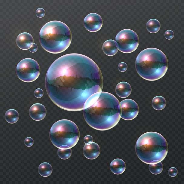 Burbuja de jabón transparente. Burbujas 3D coloridas realistas, bola clara del champú del arco iris con la reflexión del color. Plantilla diseño
 - Vector, imagen