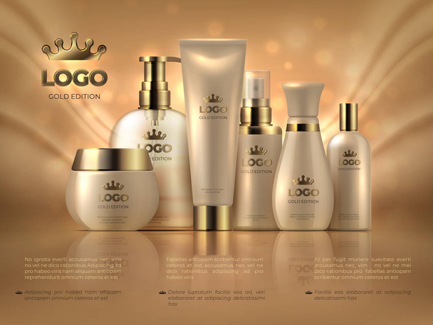 Reális luxus kozmetikai háttér. Skin care termék arany smink krém nő arca ellátás fényes ad. Kozmetikai üveg sablon - Vektor, kép