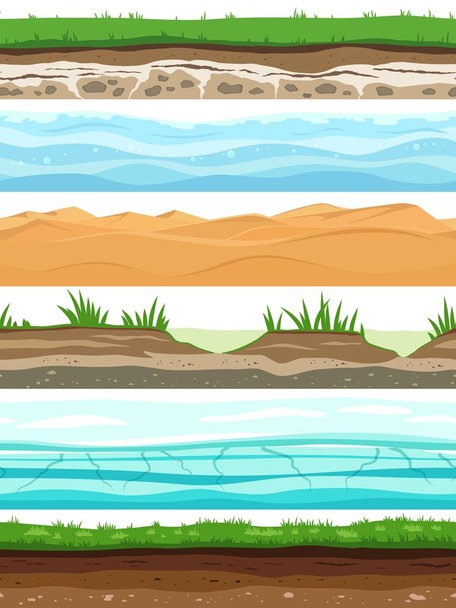 Talajrétegek. Campo talaj felszíni föld fű száraz sivatagi homok-víz. Földi szinten zökkenőmentes beállítása - Vektor, kép