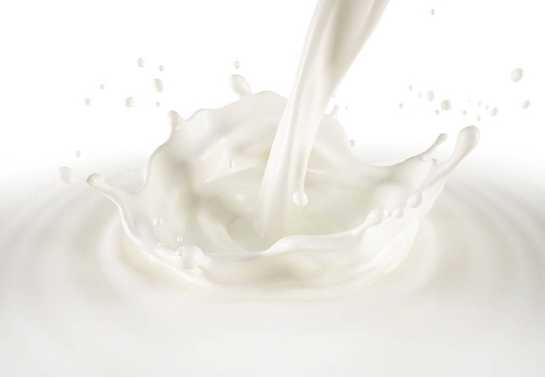 Milk pouring with crown splash in milk pool with ripples. Bird eye view. On white background. Clipping path included. - Photo, Image