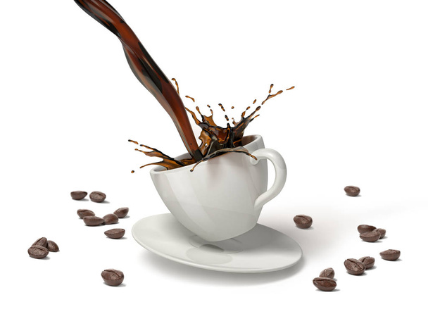 Szakadó kávé splash Ugrás a csészealj néhány babkávé mellett, az emeleten a fehér csészében. Elszigetelt fehér background. Vágógörbe tartalmazza. - Fotó, kép