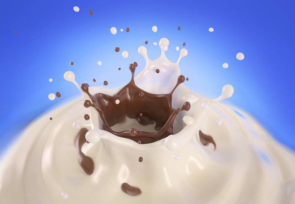 Double crown splash of milk and chocolate  blending together, on blue background. Close up view. - Photo, image