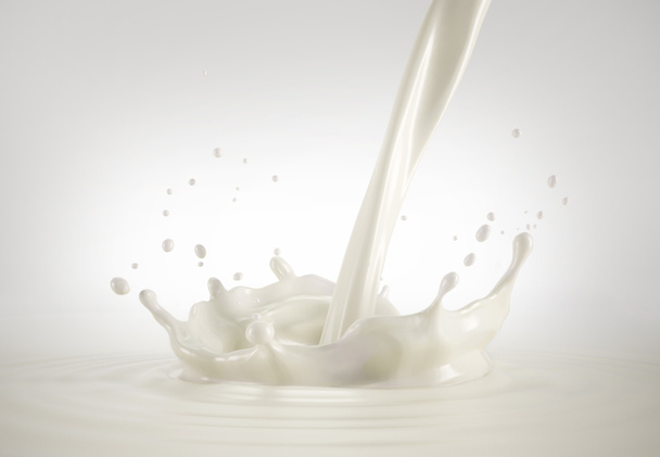 Milk crown splash, splashing in milk pool with ripples. Bird eye view. On white background. Clipping path included. - Photo, Image