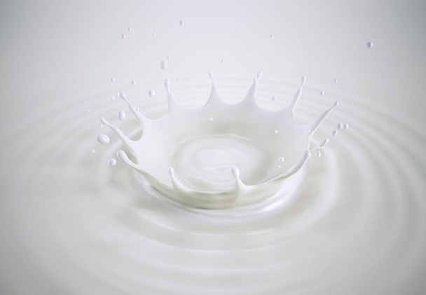 Milk crown splash, splashing in milk pool with ripples. Bird eye view. On white background.  - Foto, immagini