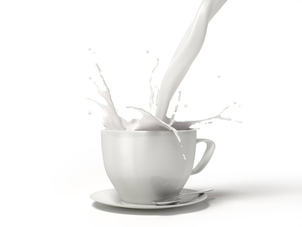 Pouring milk into a white porcelain cup mug with a splash. On saucer with spoon. Isolated on white background. Clipping path included. - Photo, Image