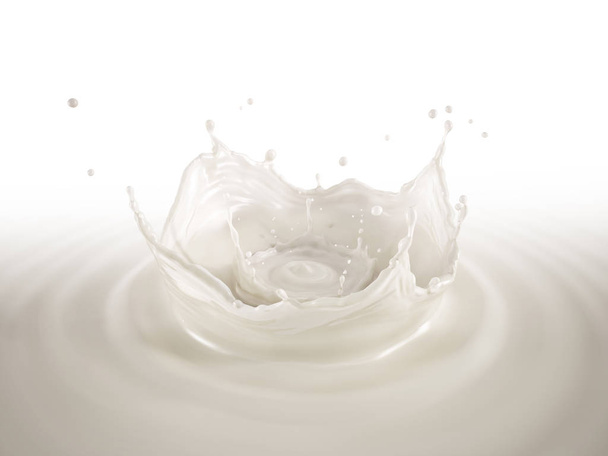 Milch Doppelkronen Spritzer, Spritzer in Milch Pool mit Wellen. Vogelperspektive. auf weißem Hintergrund. - Foto, Bild