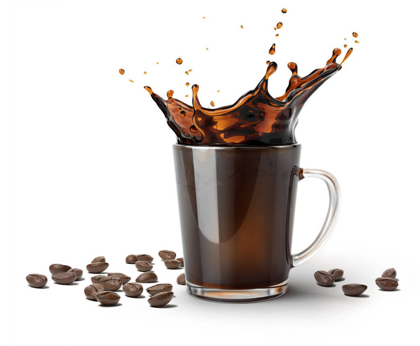 Glass mug with coffee splash. Some coffee beans on the surface besides it. On white background. - Photo, Image