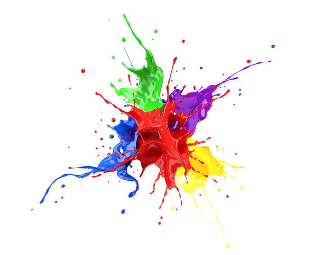 Rote, blaue, violette, gelbe und grüne Farbspritzer explodieren und spritzen aneinander. isoliert auf weiß. - Foto, Bild