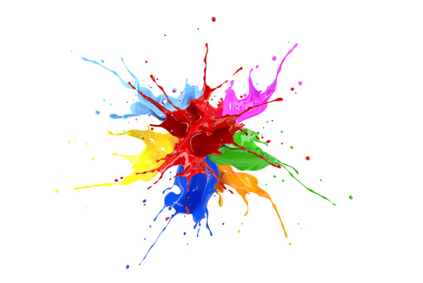 Explosion de peinture rouge, bleue, rose, jaune, bleu clair, orange et verte. Isolé sur fond blanc
. - Photo, image