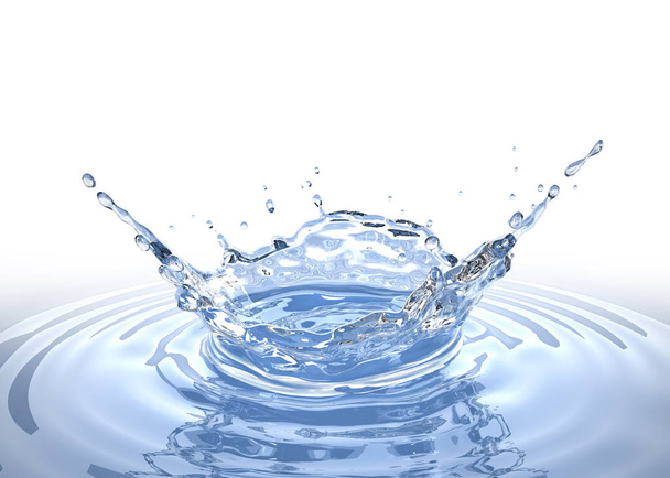 Water crown splash in a water pool, with circular ripples around. Bird eye view Isolated on white background. Clipping path included. - Photo, Image