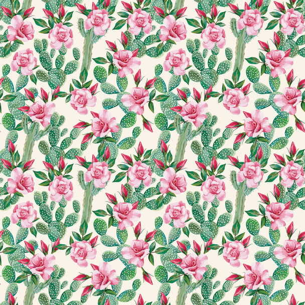 Rosas rosadas pequeñas dibujadas a mano y patrón inconsútil de cactus verde sobre el fondo blanco
 - Vector, Imagen