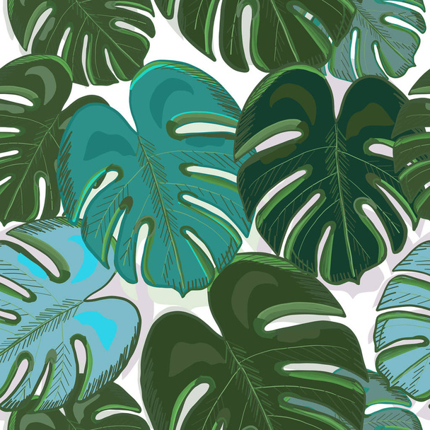 熱帯のカラフルなバナナの葉の背景。手描き下ろし熱帯葉パターンの繰り返し - ベクター画像