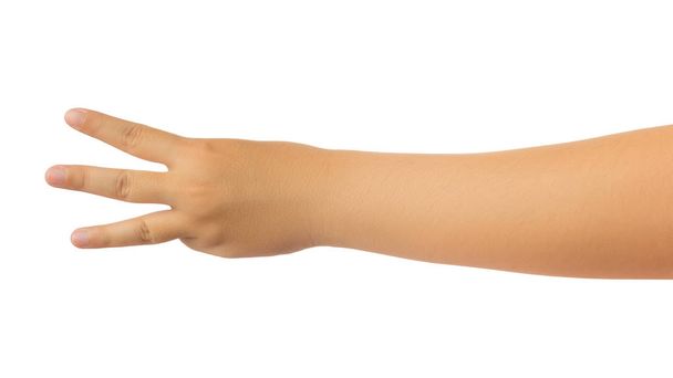 Людська рука, щоб витягнути руку і підрахувати номер три пальці жест ізольовані на білому тлі з відсічним контуром, високою роздільною здатністю і низькою контрастністю для ретуші або графічного дизайну
 - Фото, зображення