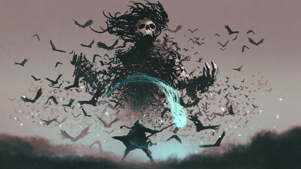 scène de combat de l'homme avec magicien magique personnel et le diable des corbeaux, art numérique style, illustration peinture
 - Photo, image