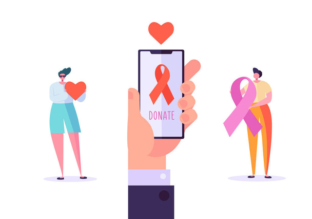 Online εθελοντές δωρεές Aids περίθαλψη. Κινητή εφαρμογή για ψηφιακή Crowdfunding φιλανθρωπική εκστρατεία. Άνθρωποι χαρακτήρα ομαδικής εργασίας υποστήριξη Hiv ζωή επίπεδη καρτούν εικονογράφηση φορέα - Διάνυσμα, εικόνα