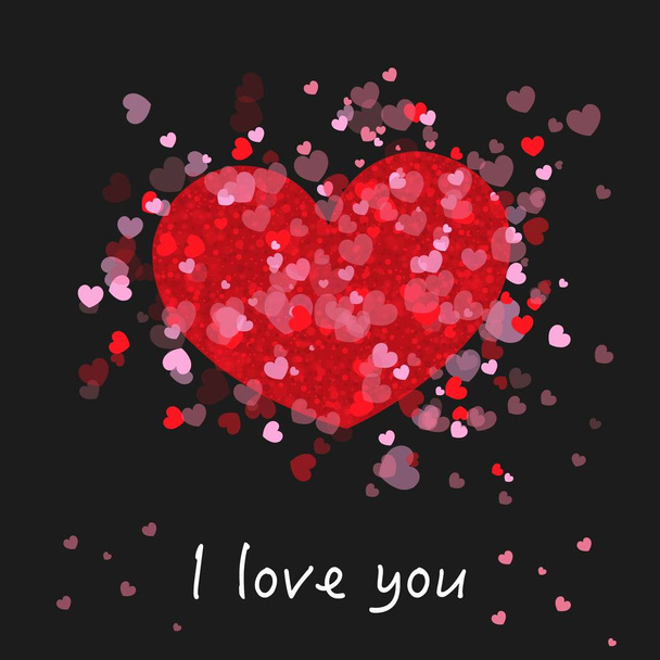 Sevimli romantik kırmızı ve pembe birçok kalpleri parlayan. '' Seni seviyorum '' metin. Siyah arka plan ile mutlu sevgililer günü tebrik kartı - Vektör, Görsel