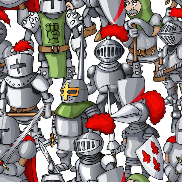 Middeleeuwse gepantserde ridders vorming hand getekende naadloze patroon, krijgers wapens - Vector, afbeelding