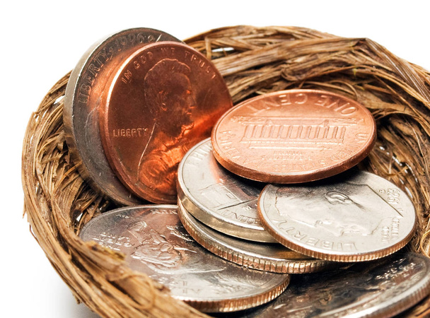 Konzeptmünzen im Nestkorb isoliert auf weißem Hintergrund - Foto, Bild
