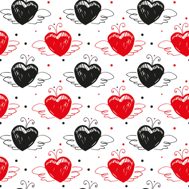 black and red hearts in the shape of a beetle with wings on a white background. seamless patterns. Vector illustration - Vector, Image