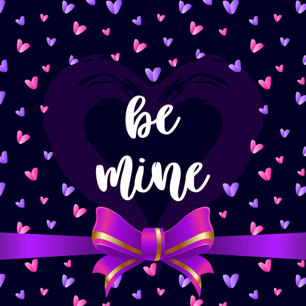 blue card with pink and lilac hearts, decorated with a ribbon. The inscription will be mine. Wallpapers, invitations, posters, brochures, banners. Vector illustration - Διάνυσμα, εικόνα