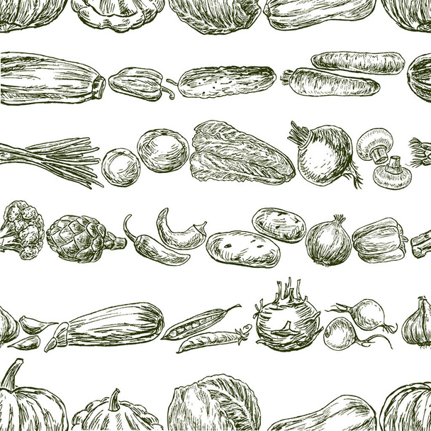 Seamless background of various vegetables sketches - Vector, afbeelding