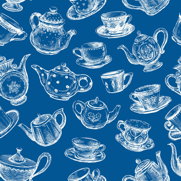 Varrat nélküli mintát csészék és teáskannák vázlatok - Vektor, kép