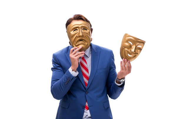 Podnikatel s maskami izolované na bílém - Fotografie, Obrázek