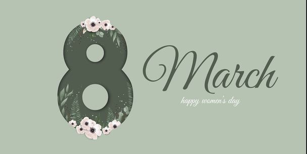 Banner für den internationalen Frauentag. Flyer für den 8. März mit Blumenschmuck. Frühlingspflanzen, Blätter und Blumen - Vektor, Bild