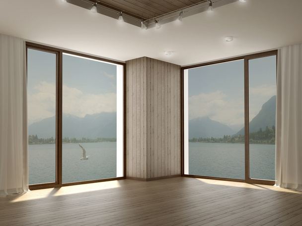 nowoczesny pokój z dwoma dużymi oknami w rogu - Zdjęcie, obraz