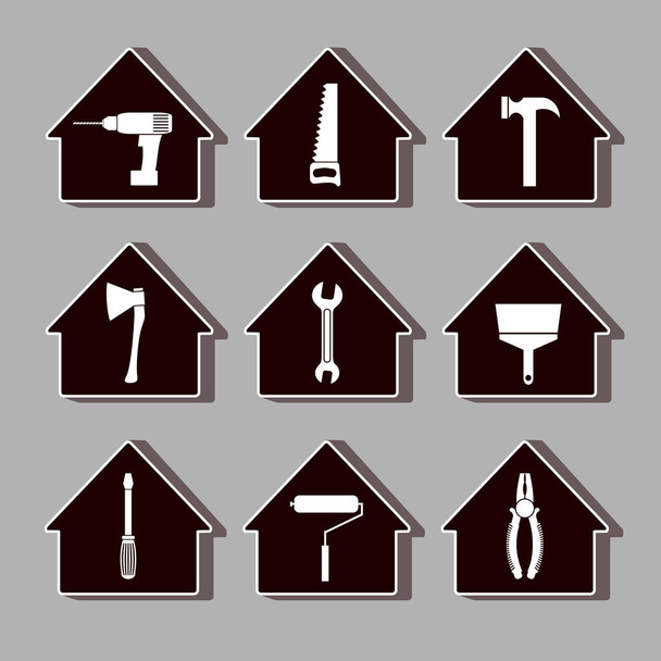 Ікони встановлені з будівельними інструментами для ремонту або зміни будинку на сірому фоні
 - Вектор, зображення
