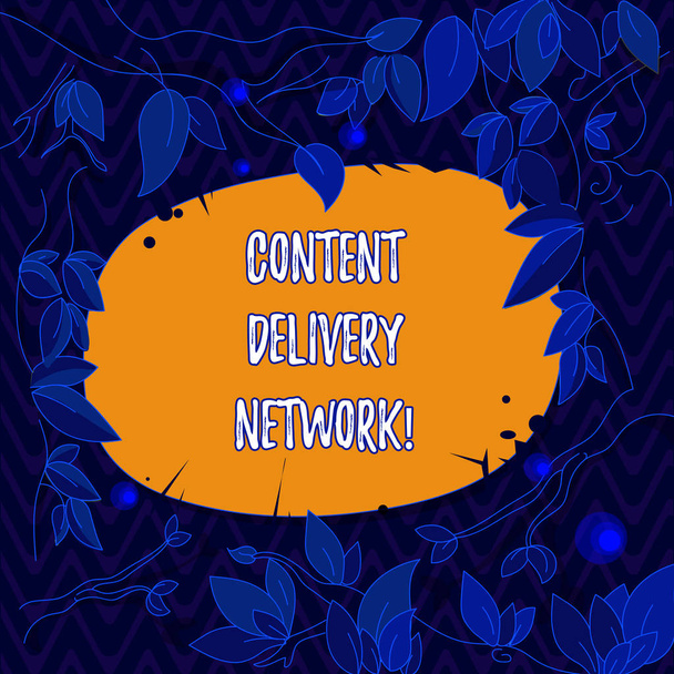 Word pisanie tekstu Content Delivery Network. Koncepcja biznesowa dla rozproszonych geograficznie sieć serwerów proxy drzewa gałęzie rozproszone opuszcza otaczających puste kolor tekstu miejsca. - Zdjęcie, obraz