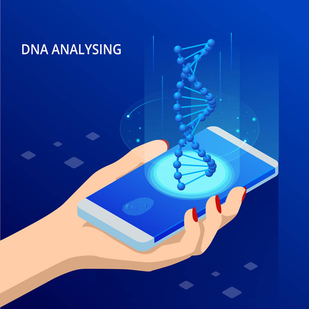 Isometric DNA helix, DNA Analysing concept. Digital blue background. Innovation, medicine, and technology. Augmented Reality DNA on smartphone. - Vector, Image