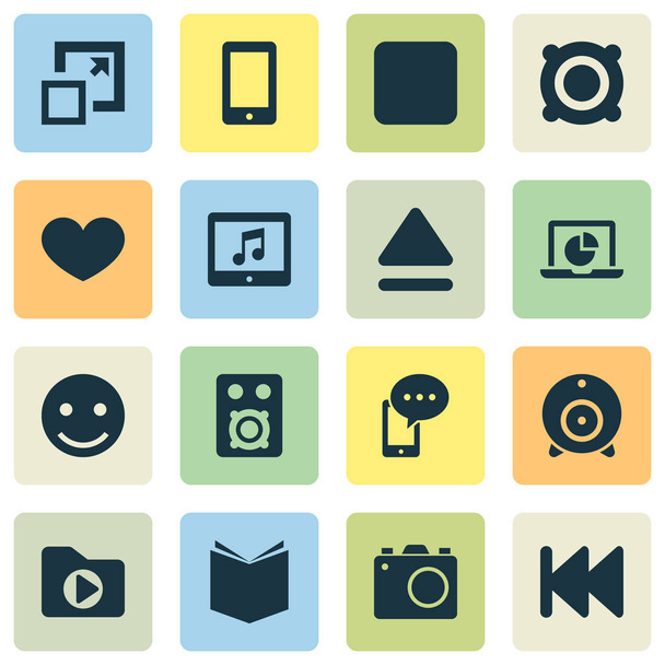 Conjunto de iconos multimedia con dossier, amplificador, emoji y otros elementos superiores. Iconos de medios de ilustración aislados
. - Foto, imagen