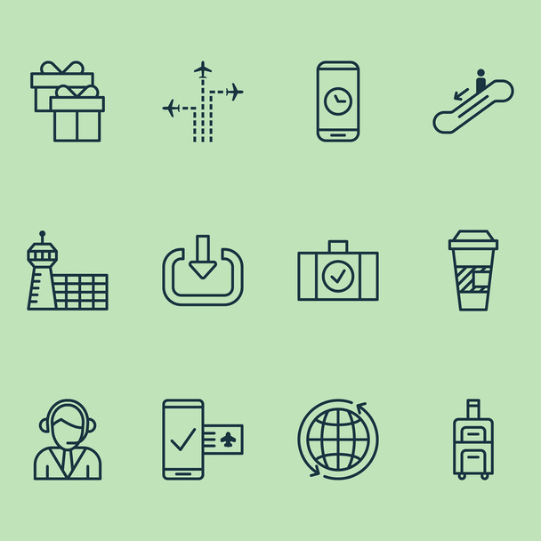 Traveling icons set with coffee cup, login, aerodrome and other flight path elements. Isolated  illustration traveling icons. - Photo, Image