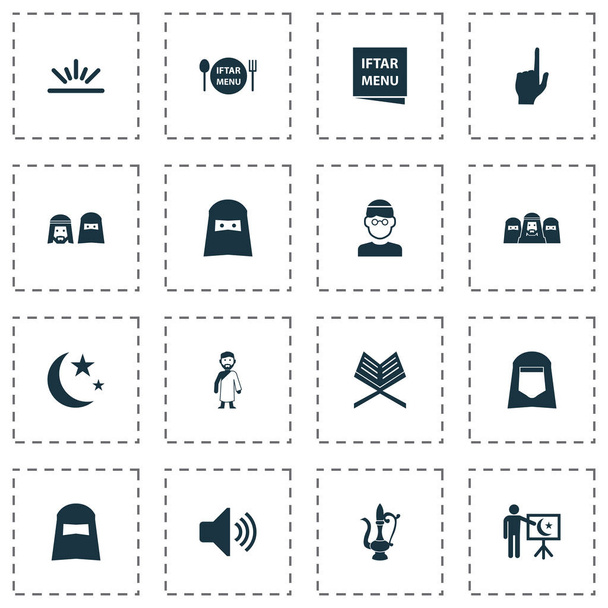 Icônes de religion avec enseignement, hijab, menu et autres éléments du hajj. Illustration vectorielle isolée icônes religion
. - Vecteur, image
