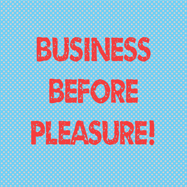 Sanojen kirjoittaminen teksti Business Before Pleasure. Liiketoimintakonsepti työ on tärkeämpää kuin viihde Saumaton Polka Dots Pixel Effect Web Design ja Optinen illuusio
. - Valokuva, kuva