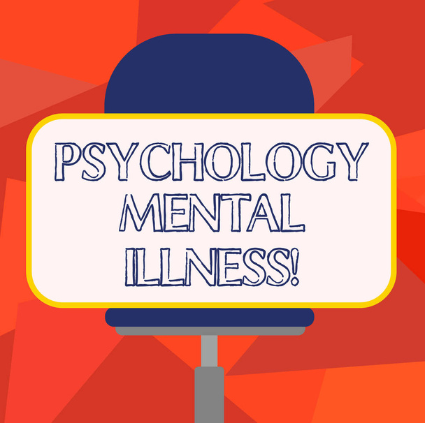 Szöveg írása pszichológia mentális betegség szó. Üzleti koncepció a pszichiátriai zavar mentális egészségi állapot Üres téglalap alakú matrica ül vízszintesen a egy forgószék. - Fotó, kép