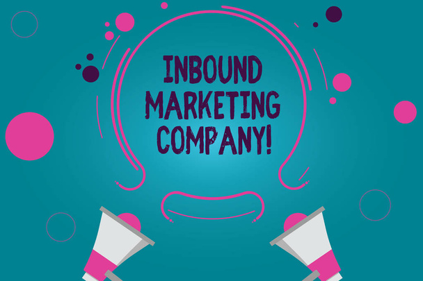 Conceptual hand writing showing Inbound Marketing Company. Business photo text marketing agency that helps companies grow Two Megaphone and Circular Outline with Small on Color Background. - Photo, Image